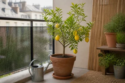 Citronnier en pot sur balcon printanier, bourgeons floraux et croix de craie sur pot terracotta