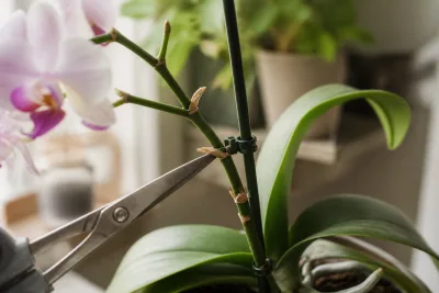 Gros plan d'une hampe de Phalaenopsis montrant des nœuds et le point de coupe au-dessus, lame stérile à côté