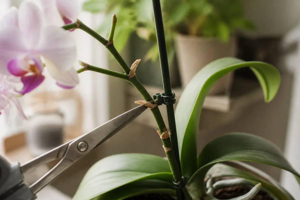 Gros plan d'une hampe de Phalaenopsis montrant des nœuds et le point de coupe au-dessus, lame stérile à côté