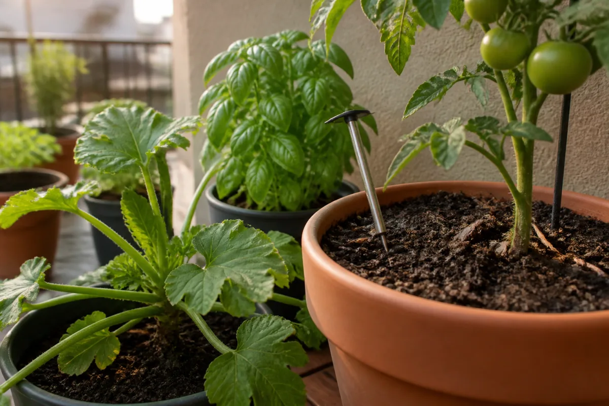 Trois pots (tomate, basilic, courgette) sur balcon, sonde thermique insérée dans la terre