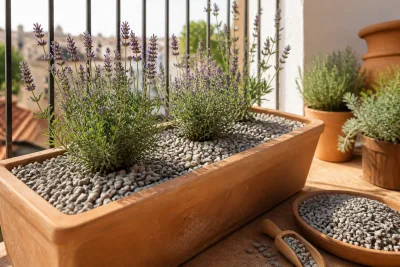 Jardinière enterrée de lavande avec paillage minéral clair (gravier) et pellette sur balcon ensoleillé