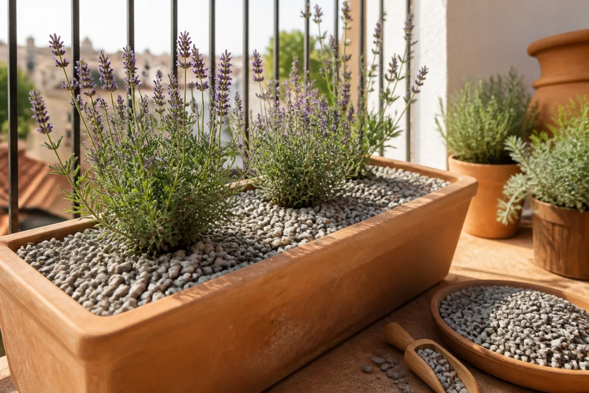 Jardinière enterrée de lavande avec paillage minéral clair (gravier) et pellette sur balcon ensoleillé