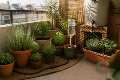 Coin de balcon urbain ensoleillé montrant trois systèmes d'irrigation passive : tapis capillaire, mèche en coton depuis un réservoir et réservoir suré