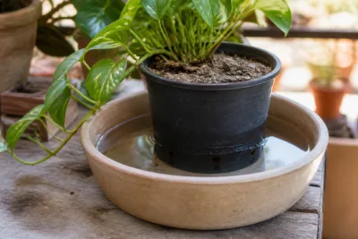 Pot percé plongé dans une bassine d'eau pour un trempage contrôlé, bord du substrat sec visible