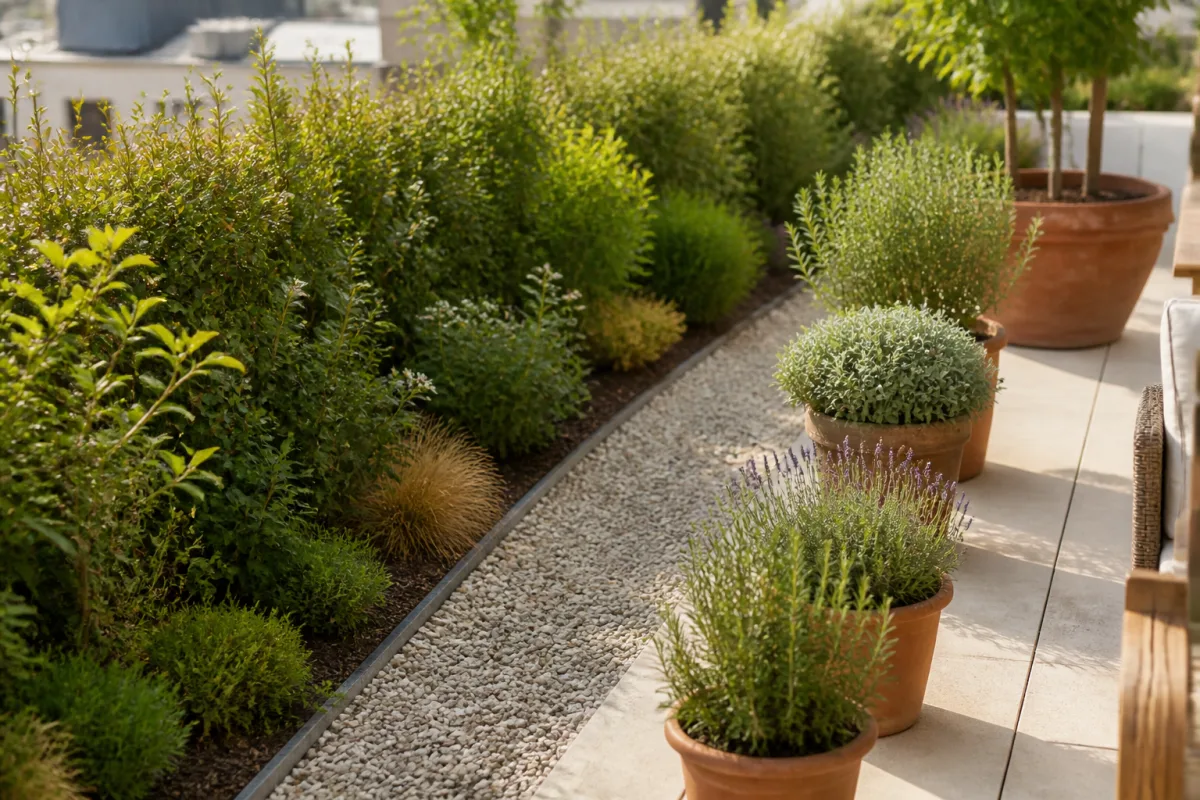Bande sèche en gravier (50–100 cm) entre une haie et une terrasse avec potées aromatiques