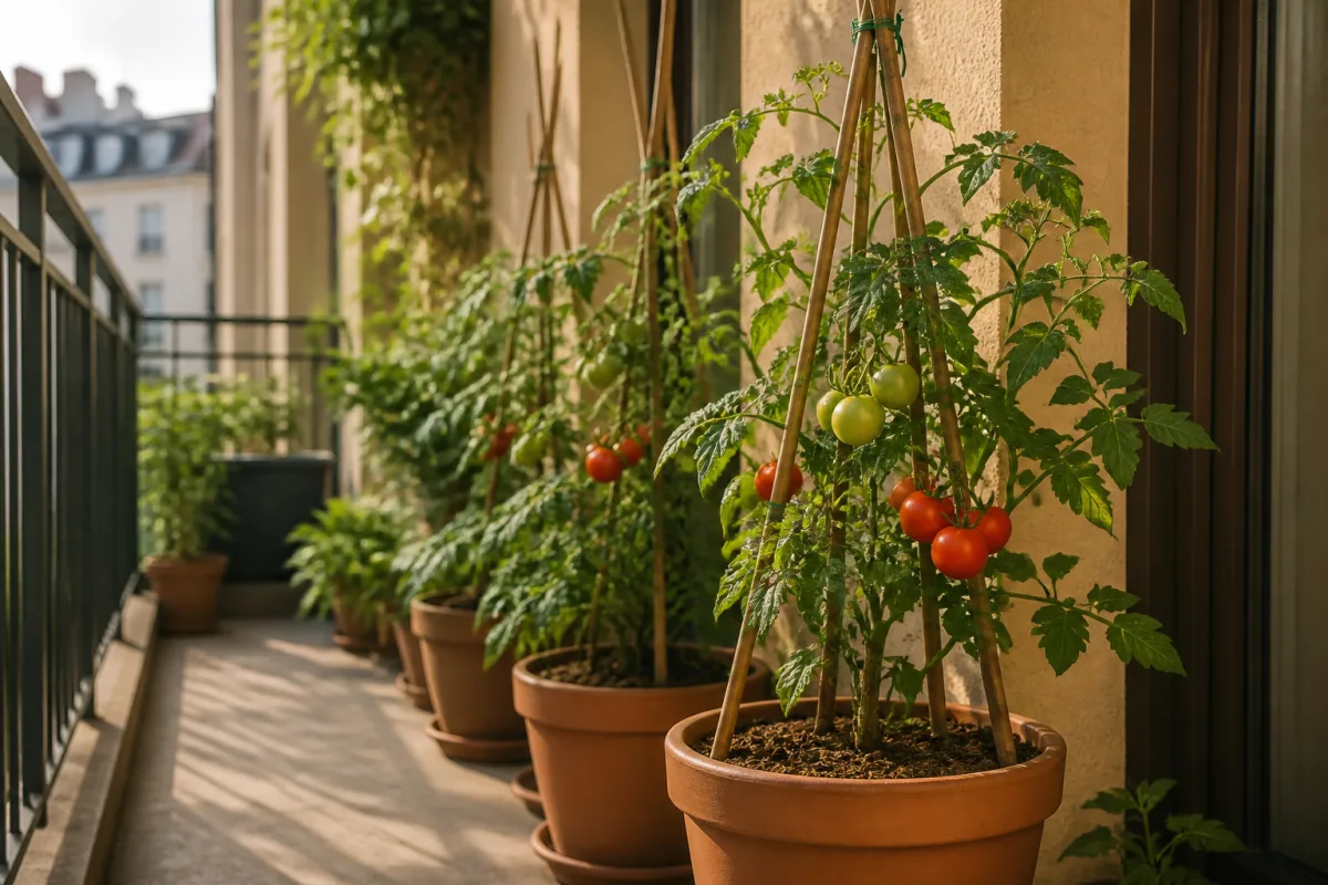 Plants de tomate en pots de 30 cm, tuteurs en tipi et attaches souples sur balcon ensoleillé