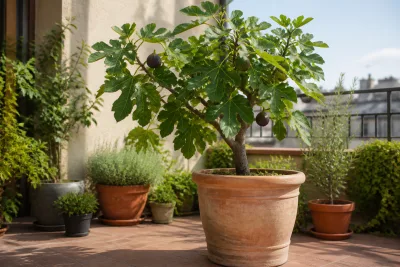Figuier adulte en grand pot sur terrasse, pot clair sur cales et paillage visible