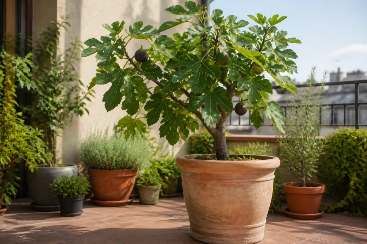 Figuier adulte en grand pot sur terrasse, pot clair sur cales et paillage visible