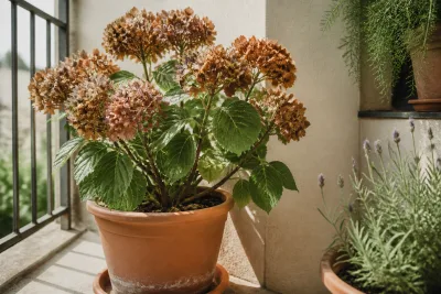 Hortensia en pot avec têtes florales brunies en haut et feuilles vertes saines en bas