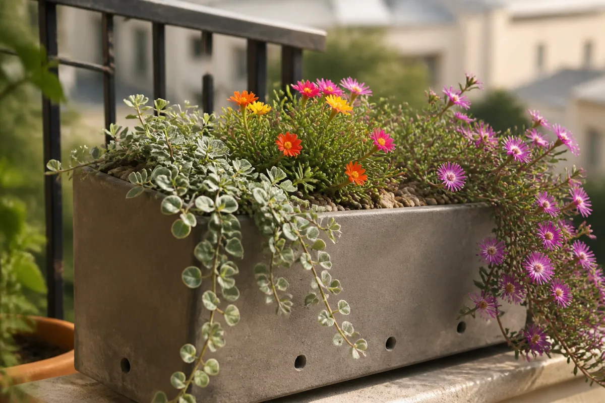 Jardinière rectangulaire en plein soleil, plantes retombantes (Dichondra, Portulaca, Lampranthus) et paillage minéral visibles