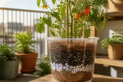 Pot transparent montrant couches de drainage, perlite et substrat avec fibres de coco sous une tomate en balcon