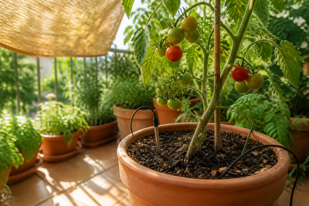 Sonde de température plantée au cœur d'un pot de tomates sur balcon carrelé, câble visible vers l'extérieur