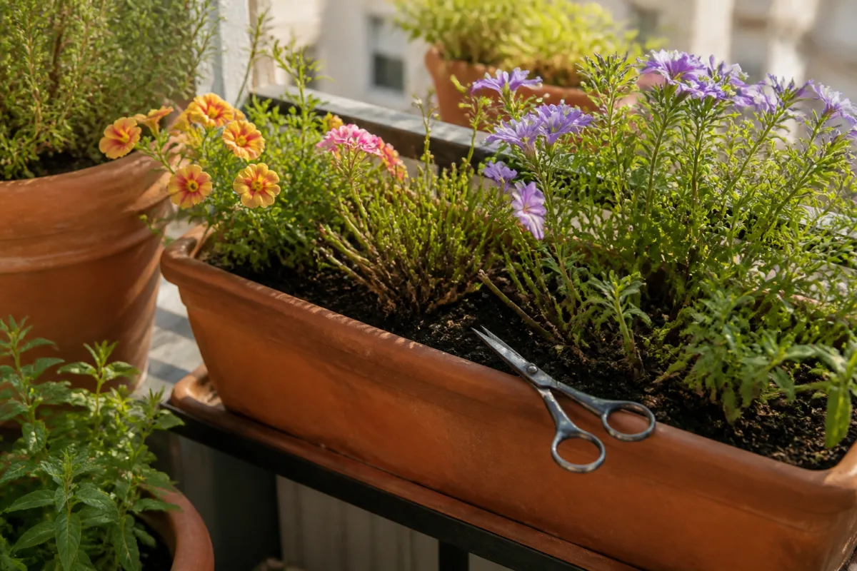 Jardinière d’été sur balcon, tiges fraîchement coupées et ciseaux de jardin posés sur le rebord