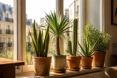 Rideau végétal devant baie vitrée : rangée de pots (sansevieria, yucca, cactus colonne, aloé) exposés au soleil