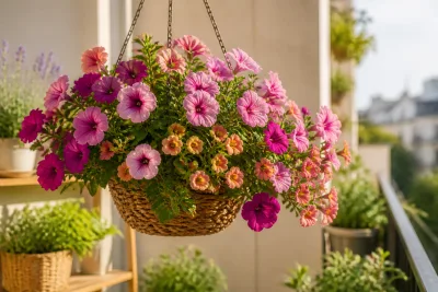 Panier suspendu bien garni de pétunias et calibrachoa vu de trois quarts, substrat non visible entre les plants