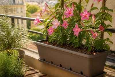 Jardinière de 60 cm au soleil contenant un dipladénia en pleine floraison, paillage de pouzzolane et pot percé visible