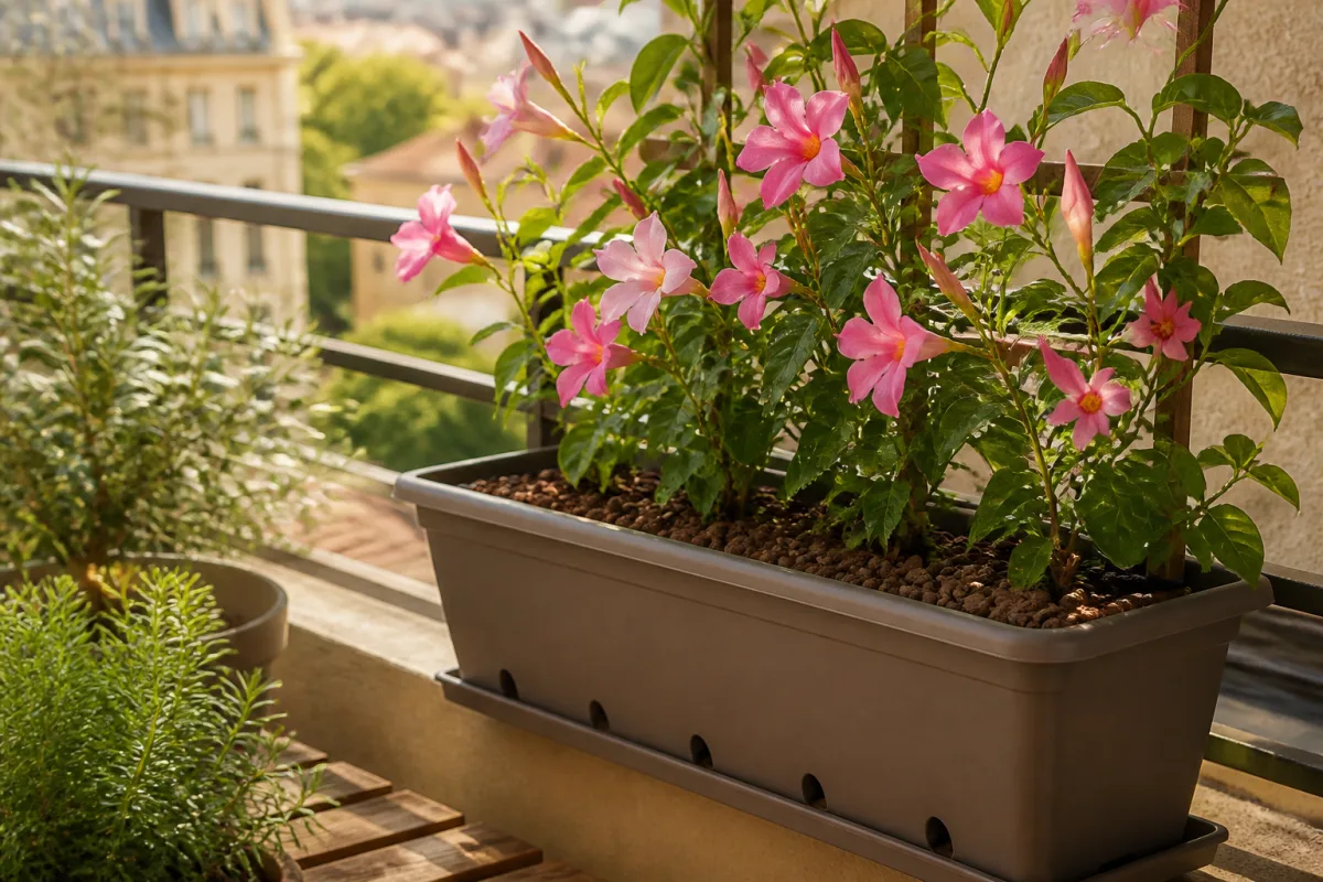 Jardinière de 60 cm au soleil contenant un dipladénia en pleine floraison, paillage de pouzzolane et pot percé visible