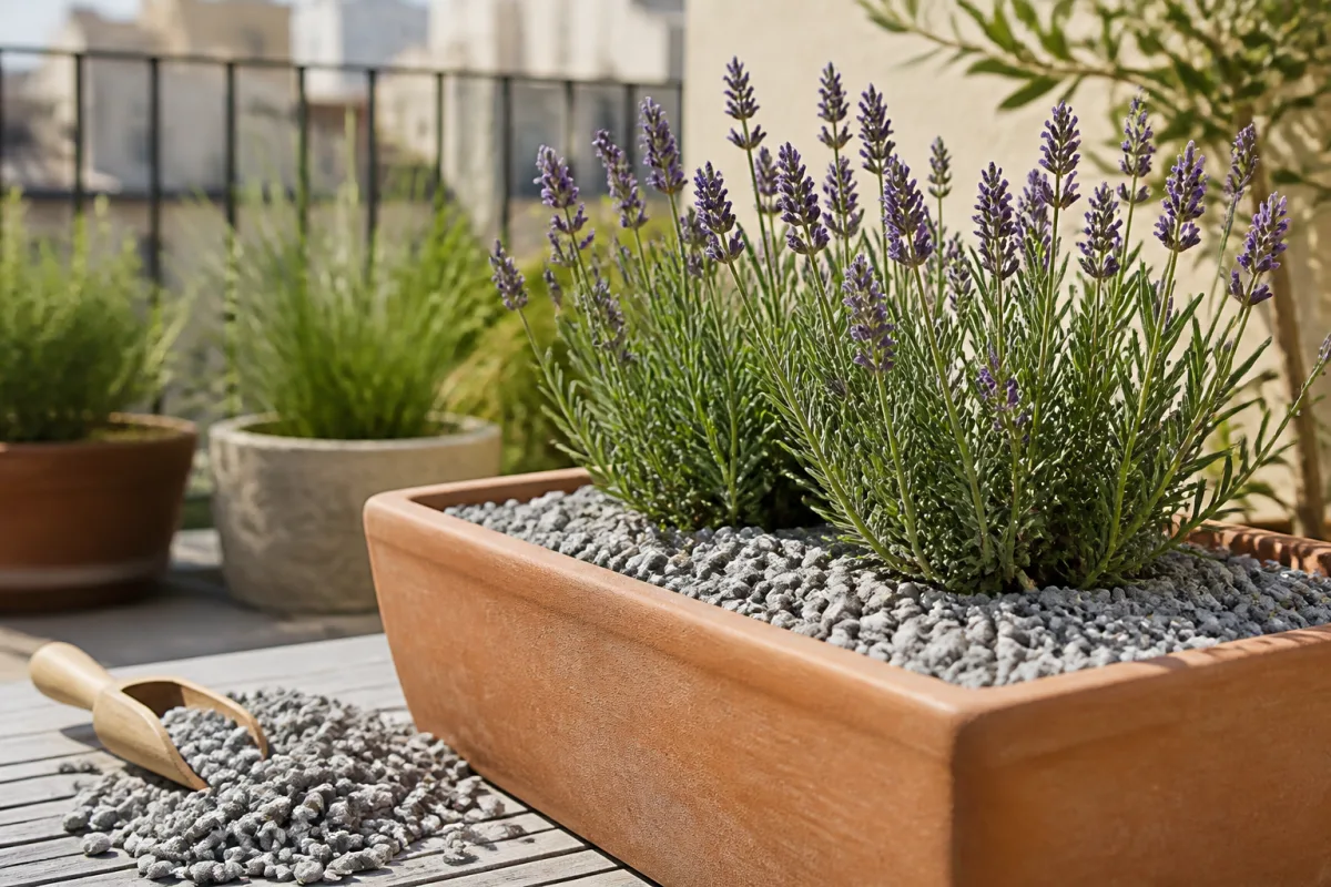 Jardinière enterrée de lavande avec paillage minéral clair (gravier) et pellette sur balcon ensoleillé