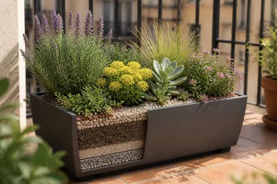 Jardinière rectangulaire 80–100 cm plantée de xérophytes sur balcon, paillage minéral en surface