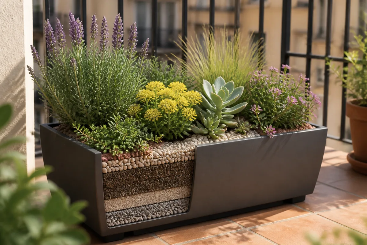 Jardinière rectangulaire 80–100 cm plantée de xérophytes sur balcon, paillage minéral en surface