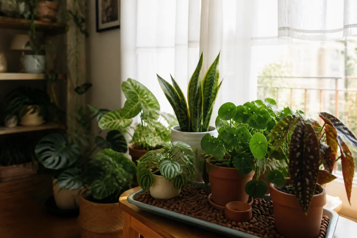 A cluster of potted houseplants arranged near a window with a sheer curtain, sunlit apartment interior with light filtered through a voilage