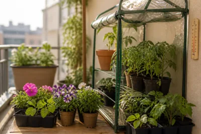 Un balcon urbain vu en plan serré sur des pots et plants avant plantation, Balcon urbain contemporain avec lumière vive et ventilation naturelle