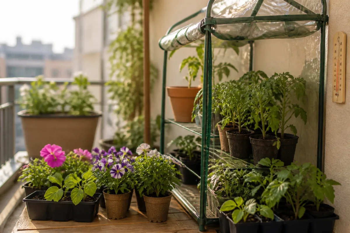 Un balcon urbain vu en plan serré sur des pots et plants avant plantation, Balcon urbain contemporain avec lumière vive et ventilation naturelle