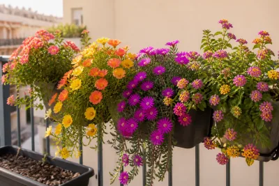 Une balconière ensoleillée avec cinq plantes retombantes installées dans des contenants drainants, Balcon urbain en plein soleil, pots suspendus et ja