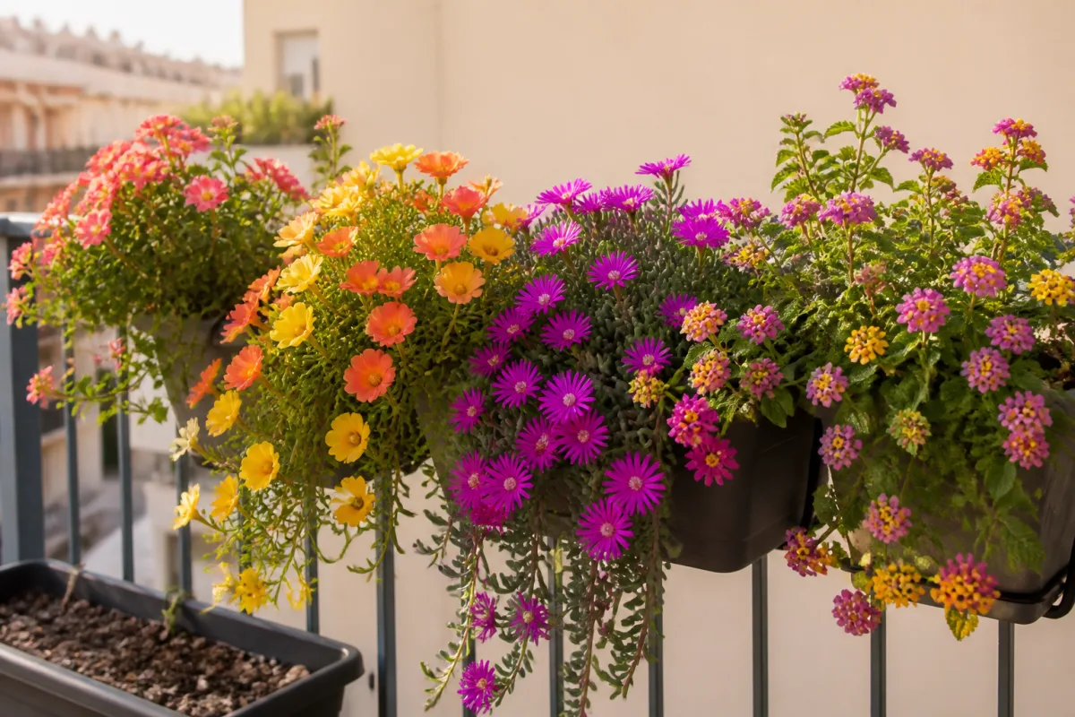 Une balconière ensoleillée avec cinq plantes retombantes installées dans des contenants drainants, Balcon urbain en plein soleil, pots suspendus et ja