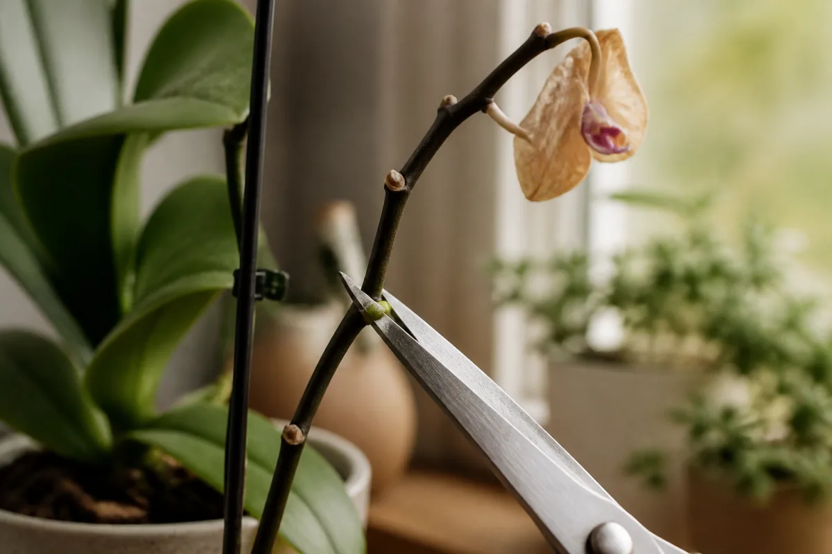 Close-up of a Phalaenopsis flower spike showing nodes, bright indoor windowsill with soft, diffused daylight