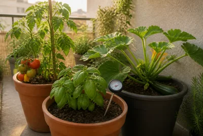 Three potted containers for tomato, basil and courgette seen close-up, urban balcony with wall and soft natural morning light