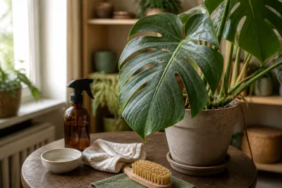 Pot de Monstera posé près d'une fenêtre, chiffon, brosse douce et feuille avec film de poussière visible