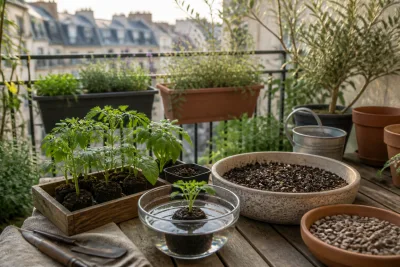 Repiquer en mai sur balcon: protocole d’acclimatation en 5 jours, Balcon urbain conteneurisé, en fin d’après-midi avec ombre légère