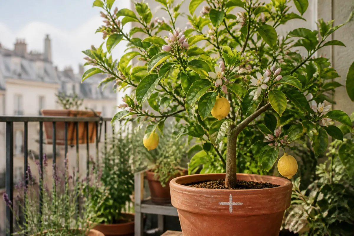 A potted lemon tree on a balcony with visible flower buds and a chalk mark on the pot rim, sunlit urban balcony in spring, subtle wind sheltering (pot