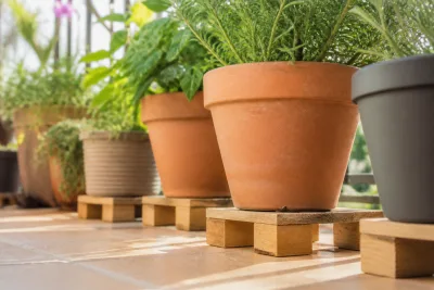 Pot en terracotta sur cales en bois, lame d'air visible de 3 à 5 cm entre pot et dalle