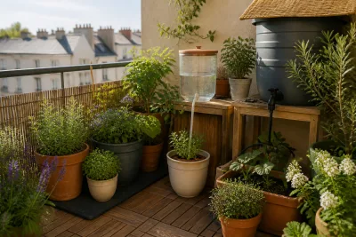 balcony corner with passive irrigation setups, sunlit urban balcony with parapet, pots grouped and partly shaded, natural daylight