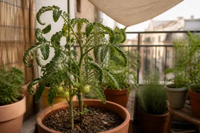 Plant de tomate en pot sur balcon, feuilles recroquevillées et fruits visibles, pot terracotta