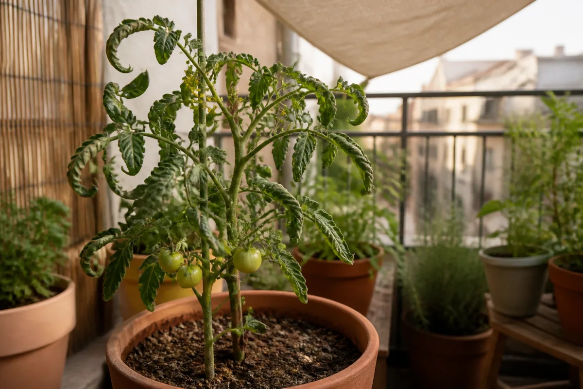Plant de tomate en pot sur balcon, feuilles recroquevillées et fruits visibles, pot terracotta