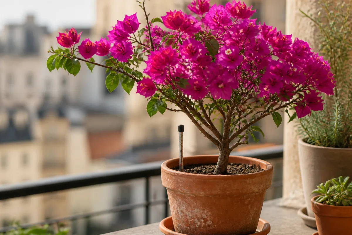 Bougainvillier en pot sur balcon avec bractées colorées et une jauge de 3 cm enfoncée dans le substrat
