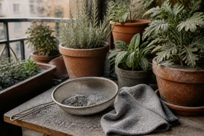 Balcon avec pots de tomates saupoudrés de cendres, chiffon microfibre et passoire fine posés à côté