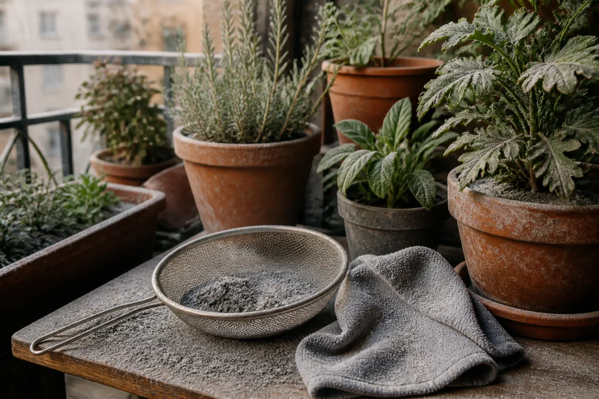 Balcon avec pots de tomates saupoudrés de cendres, chiffon microfibre et passoire fine posés à côté