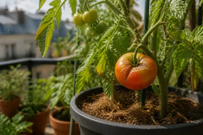 Pot de tomates sur balcon : fruit fendu près du pédoncule et substrat paillé