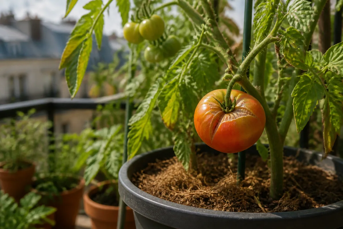 Pot de tomates sur balcon : fruit fendu près du pédoncule et substrat paillé