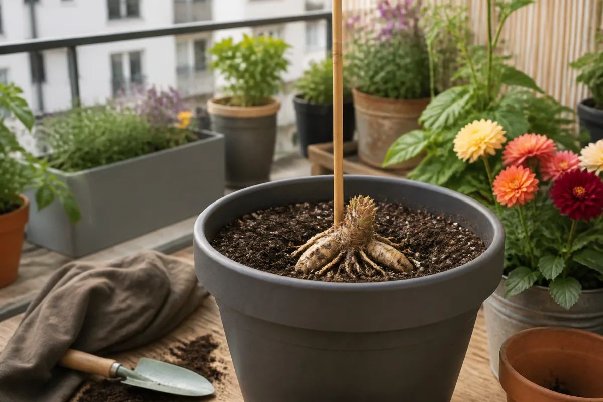 Dahlias en pot sur balcon prêt à planter, Balcon urbain contemporain en mi‑fin mai, exposition lumineuse sans ombres marquées