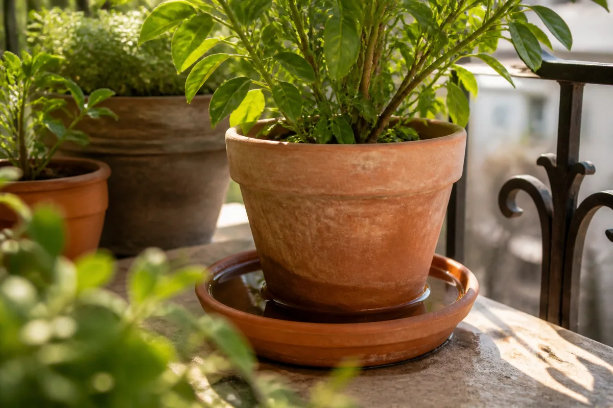 Pot en terre avec la soucoupe pleine d'eau tiède sur un balcon, substrat humide visible au collet