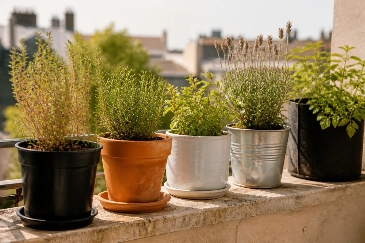 Rangée de pots (plastique noir, terre cuite, céramique claire, métal, pot tissu) exposés au soleil sur un balcon