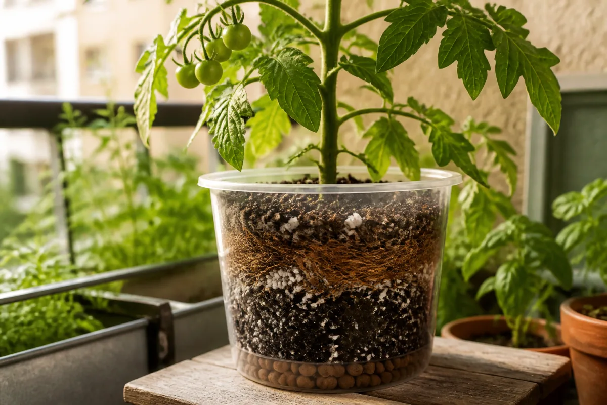 Pot transparent montrant couches de drainage, perlite et substrat avec fibres de coco sous une tomate en balcon