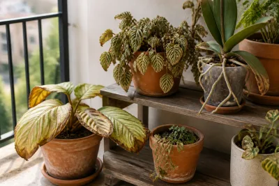 Balcon avec pots : feuille de calathée pâlie, fittonia frippée et substrat de pot chauffé