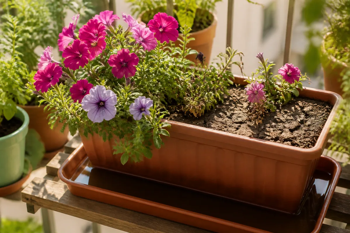 Jardinière de pétunias partiellement immergée pour réhumidification, surface de terreau craquelée visible