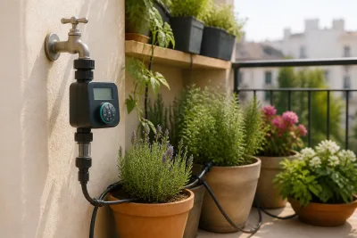 Raccordement de robinet sur balcon : réducteur, programmateur et micro‑tubes vers les pots